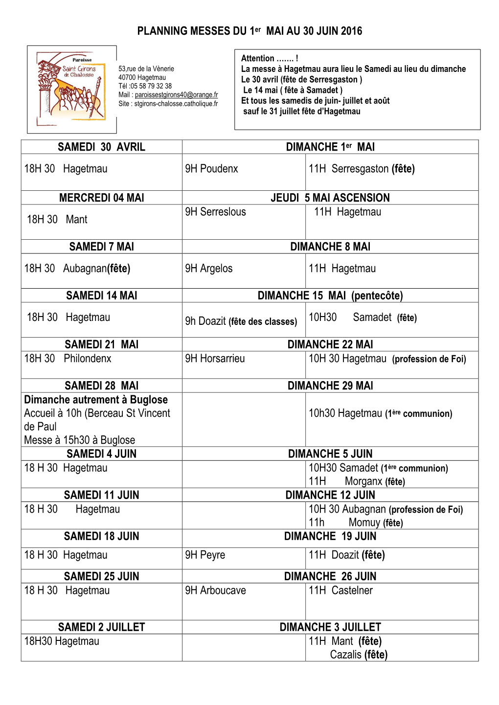 PLANNING MESSES DU 1Er MAI AU 30 JUIN 2016