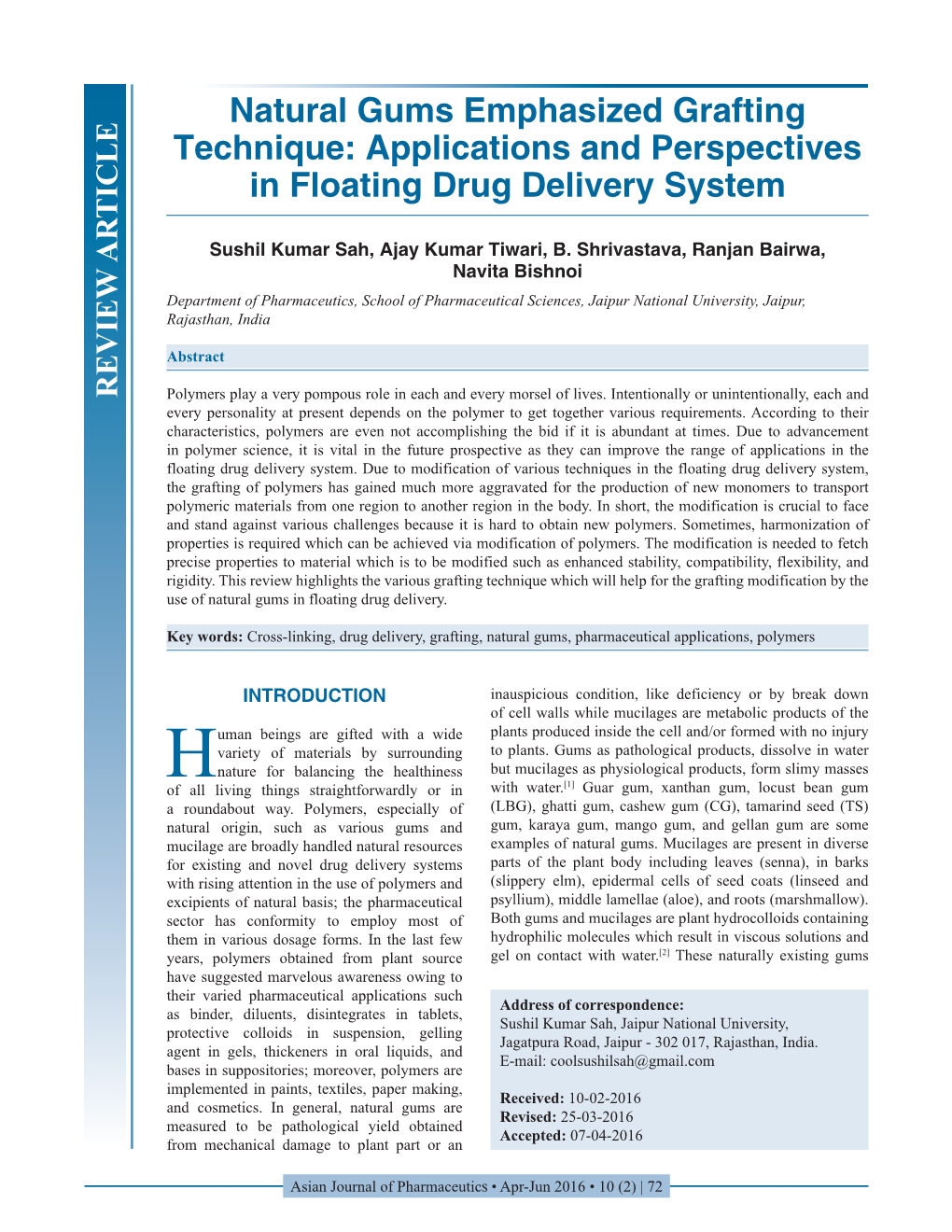 Natural Gums Emphasized Grafting Technique: Applications and Perspectives in Floating Drug Delivery System