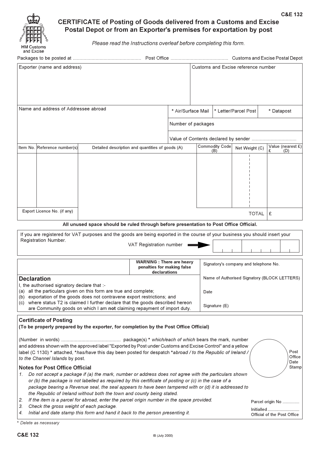 CERTIFICATE of Posting of Goods Delivered from a Customs and Excise Postal Depot Or from an Exporter's Premises for Exportation by Post