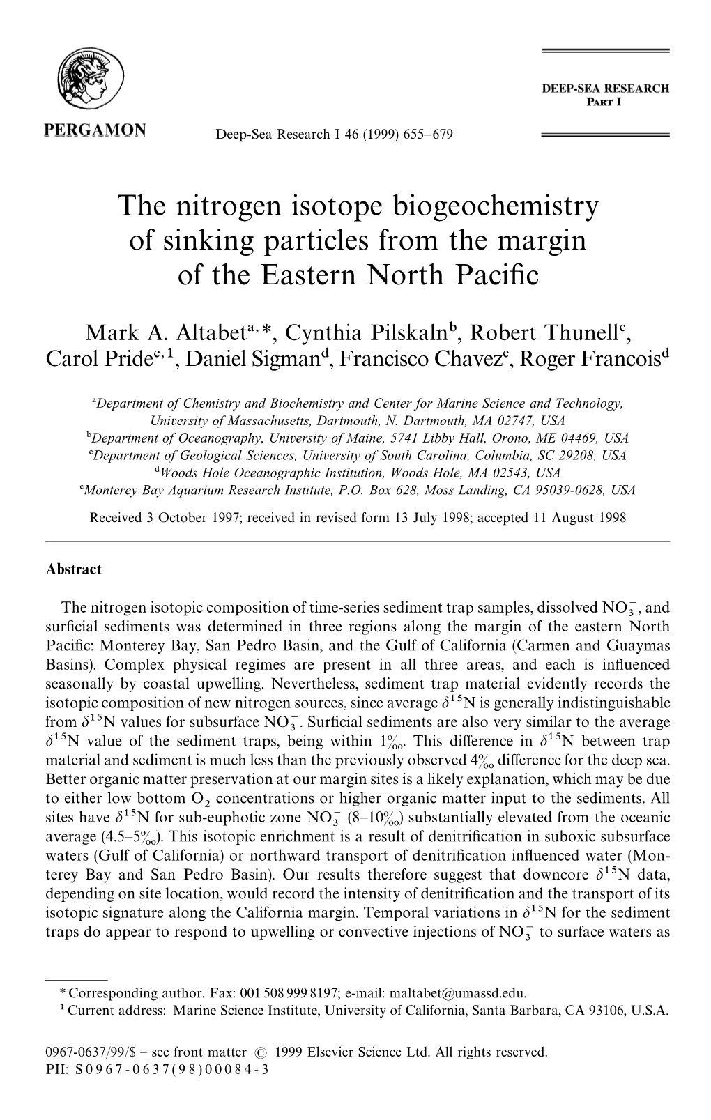 The Nitrogen Isotope Biogeochemistry of Sinking Particles from the Margin of the Eastern North Paciﬁc