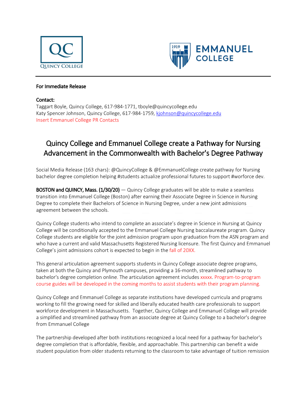 Quincy College and Emmanuel College Create a Pathway for Nursing Advancement in the Commonwealth with Bachelor's Degree Pathway