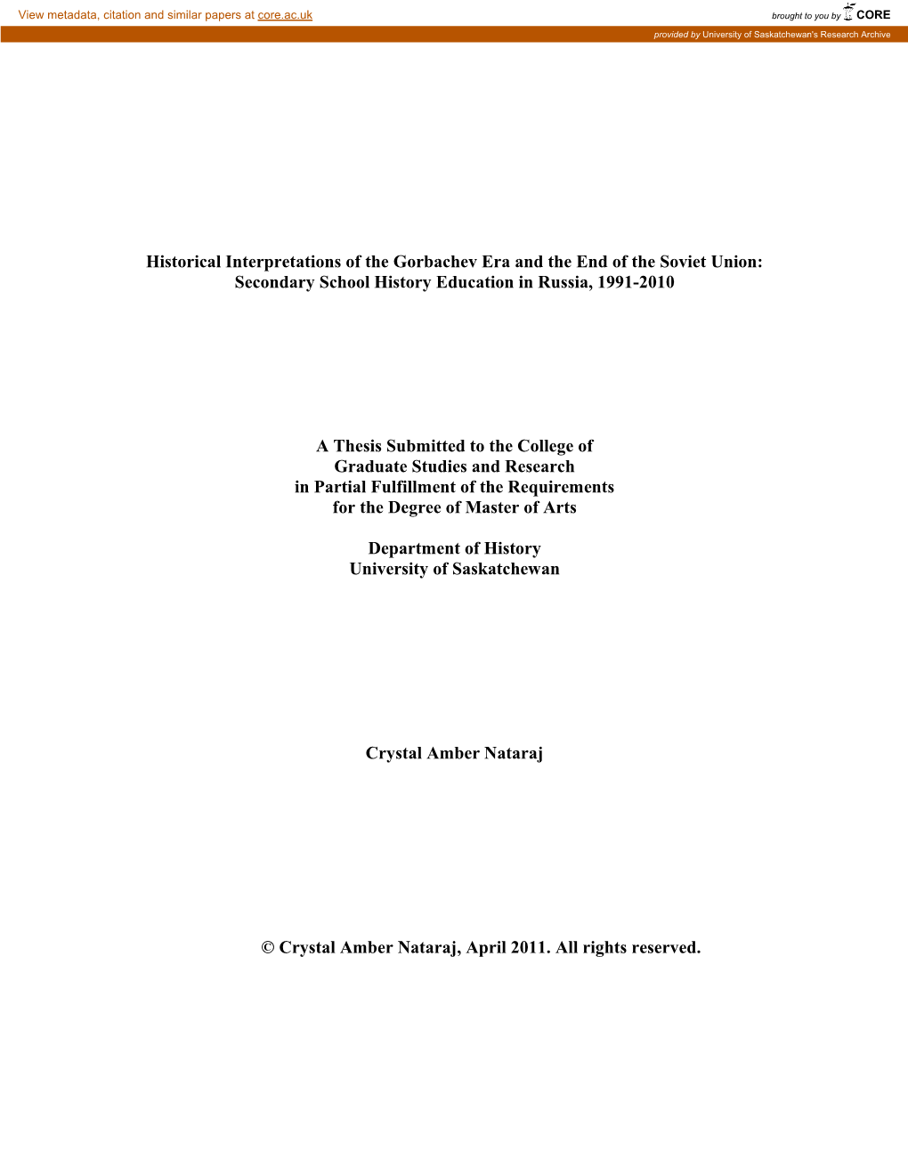 Historical Interpretations of the Gorbachev Era and the End of the Soviet Union: Secondary School History Education in Russia, 1991-2010