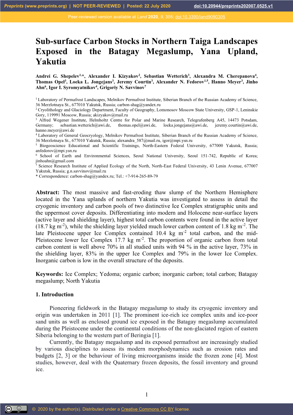 Sub-Surface Carbon Stocks in Northern Taiga Landscapes Exposed in the Batagay Megaslump, Yana Upland, Yakutia