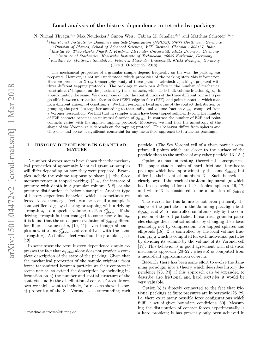 Local Analysis of the History Dependence in Tetrahedra Packings