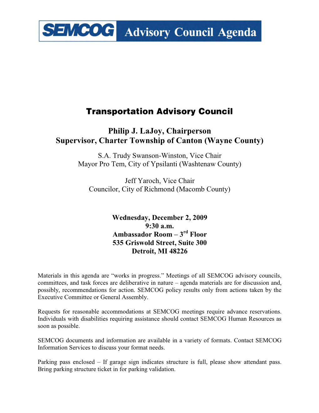 Transportation Advisory Council Agenda December 2009