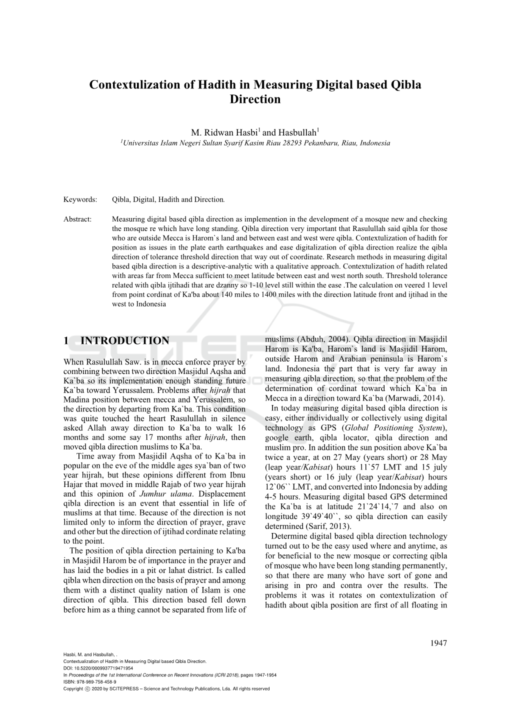 Contextulization of Hadith in Measuring Digital Based Qibla Direction