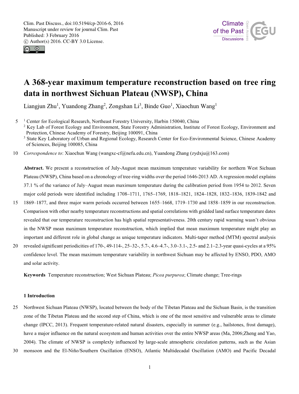 A 368-Year Maximum Temperature Reconstruction Based on Tree