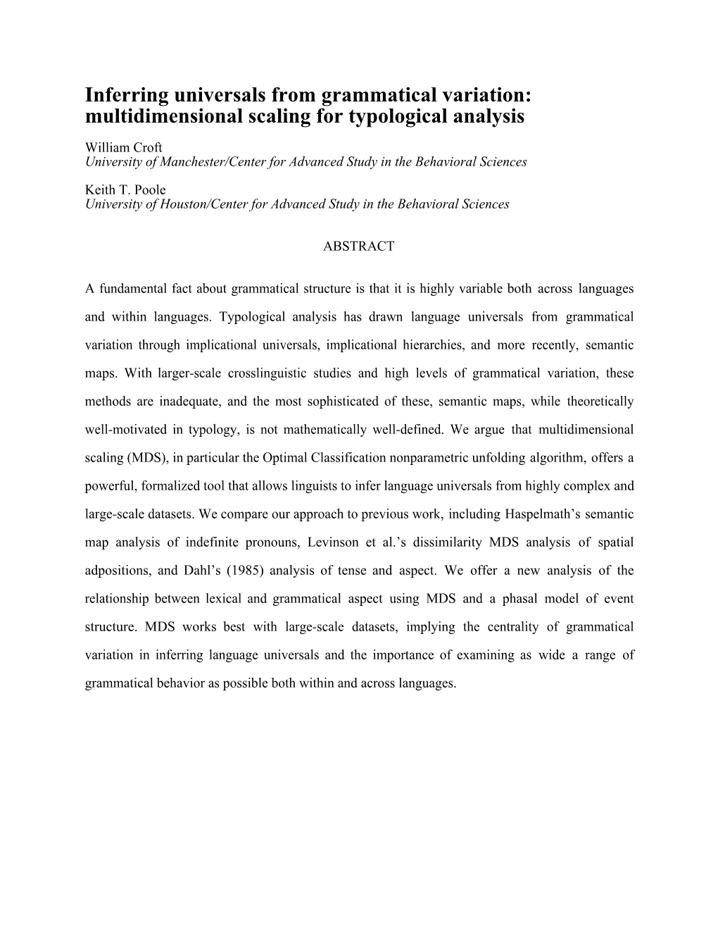 Inferring Universals from Grammatical Variation: Multidimensional Scaling