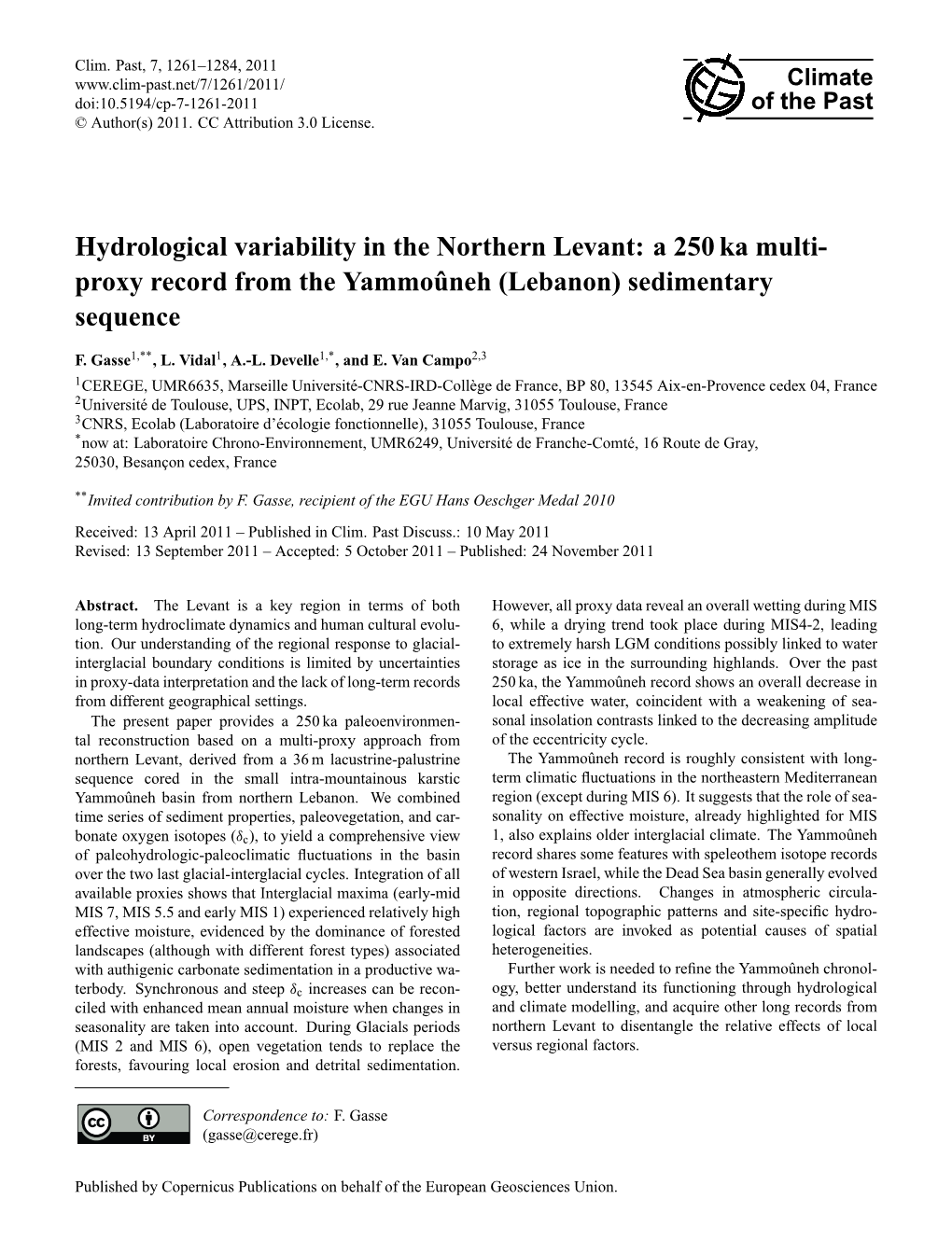 A 250 Ka Multi- Proxy Record from the Yammoˆuneh (Lebanon)