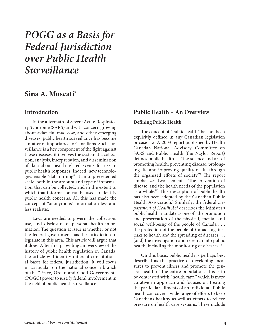 POGG As a Basis for Federal Jurisdiction Over Public Health Surveillance