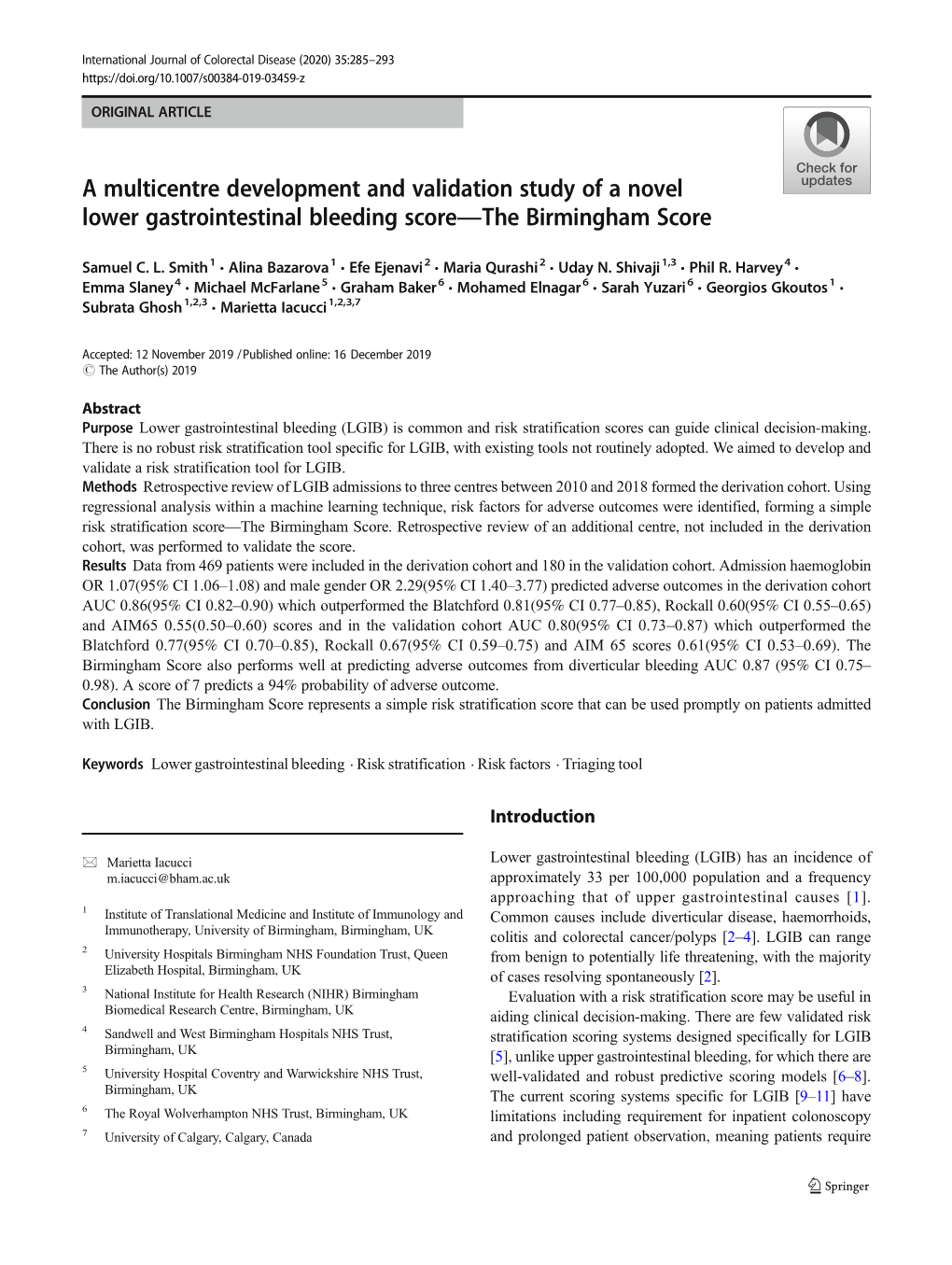 A Multicentre Development and Validation Study of a Novel Lower Gastrointestinal Bleeding Score—The Birmingham Score