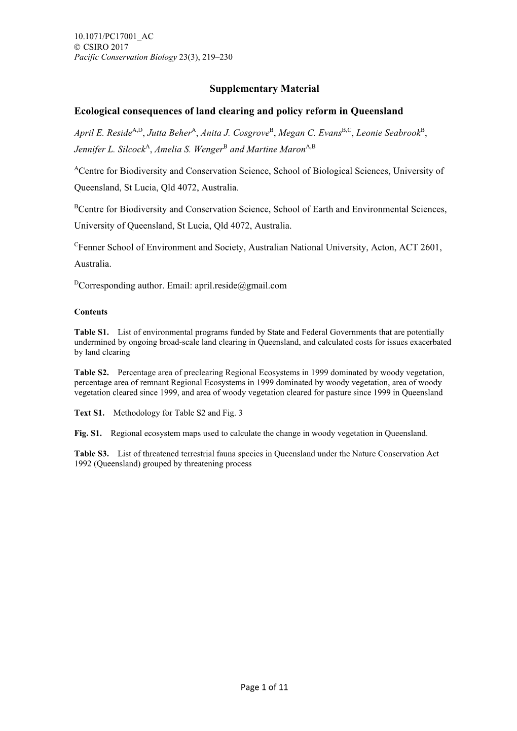 Supplementary Material Ecological Consequences of Land Clearing And