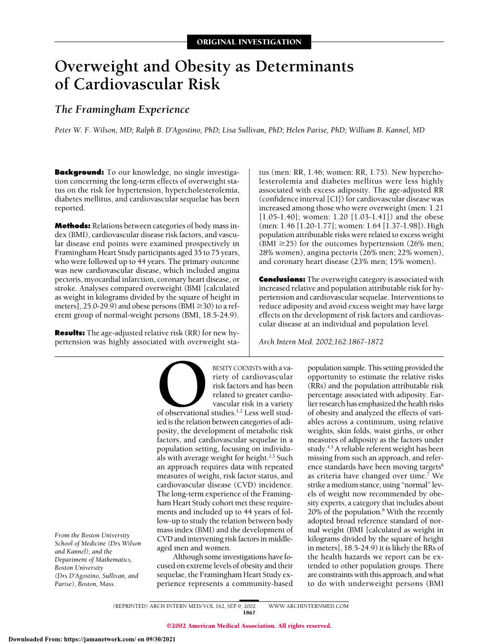 Overweight and Obesity As Determinants of Cardiovascular Risk the Framingham Experience