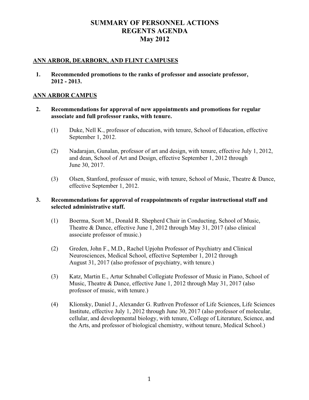 SUMMARY of PERSONNEL ACTIONS REGENTS AGENDA May 2012