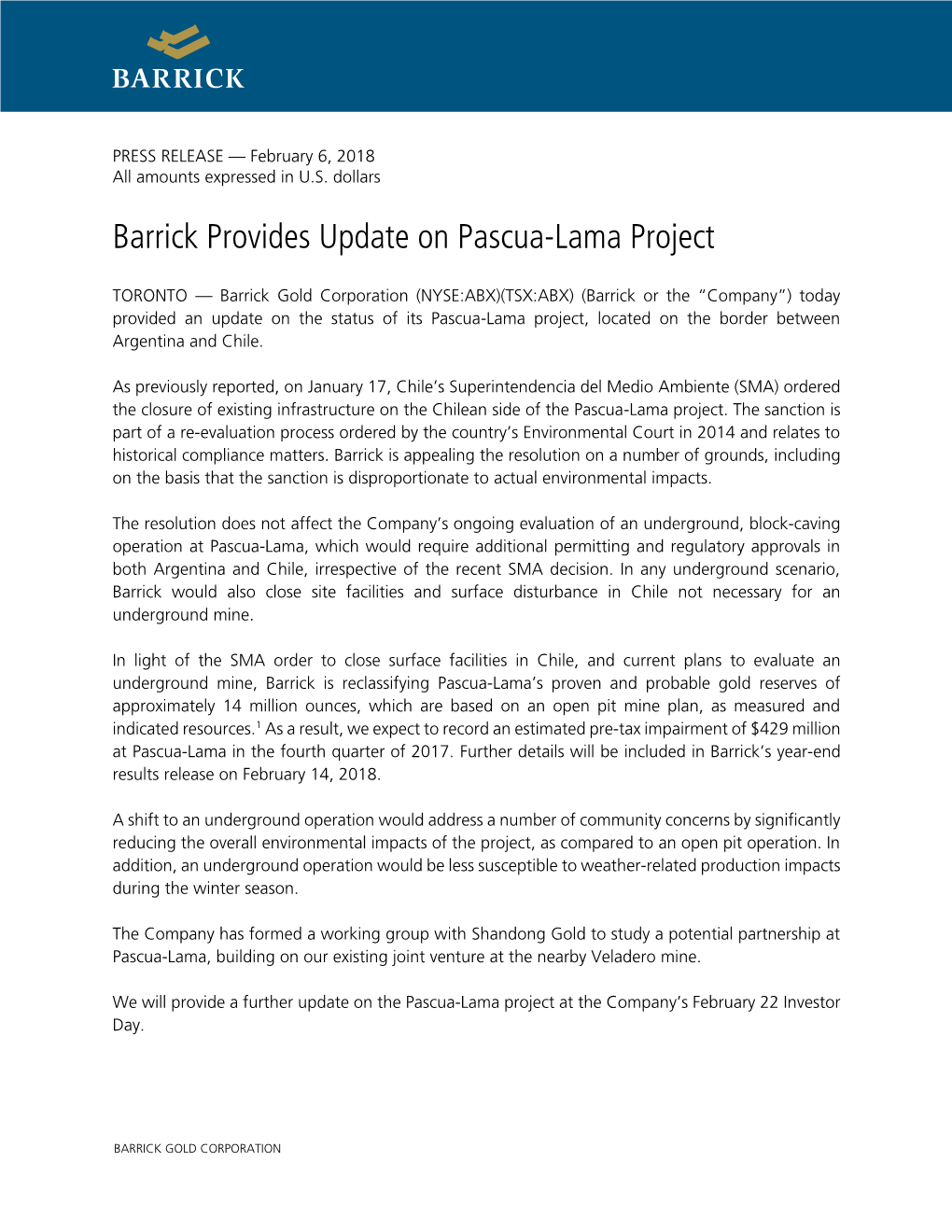 Barrick Provides Update on Pascua-Lama Project