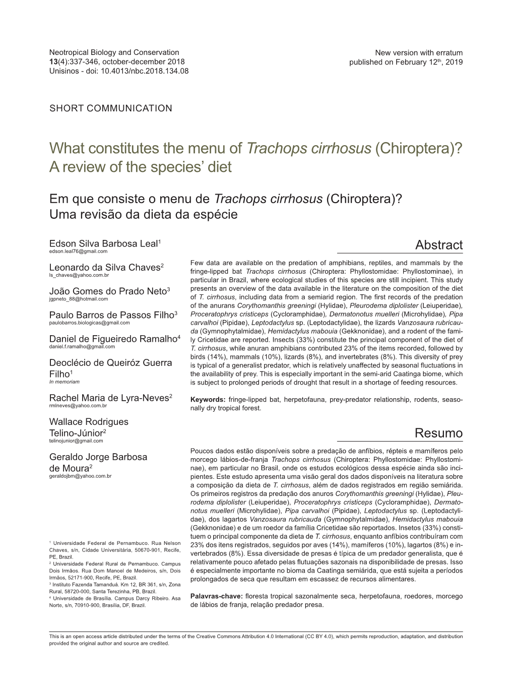 What Constitutes the Menu of Trachops Cirrhosus (Chiroptera)? a Review of the Species’ Diet