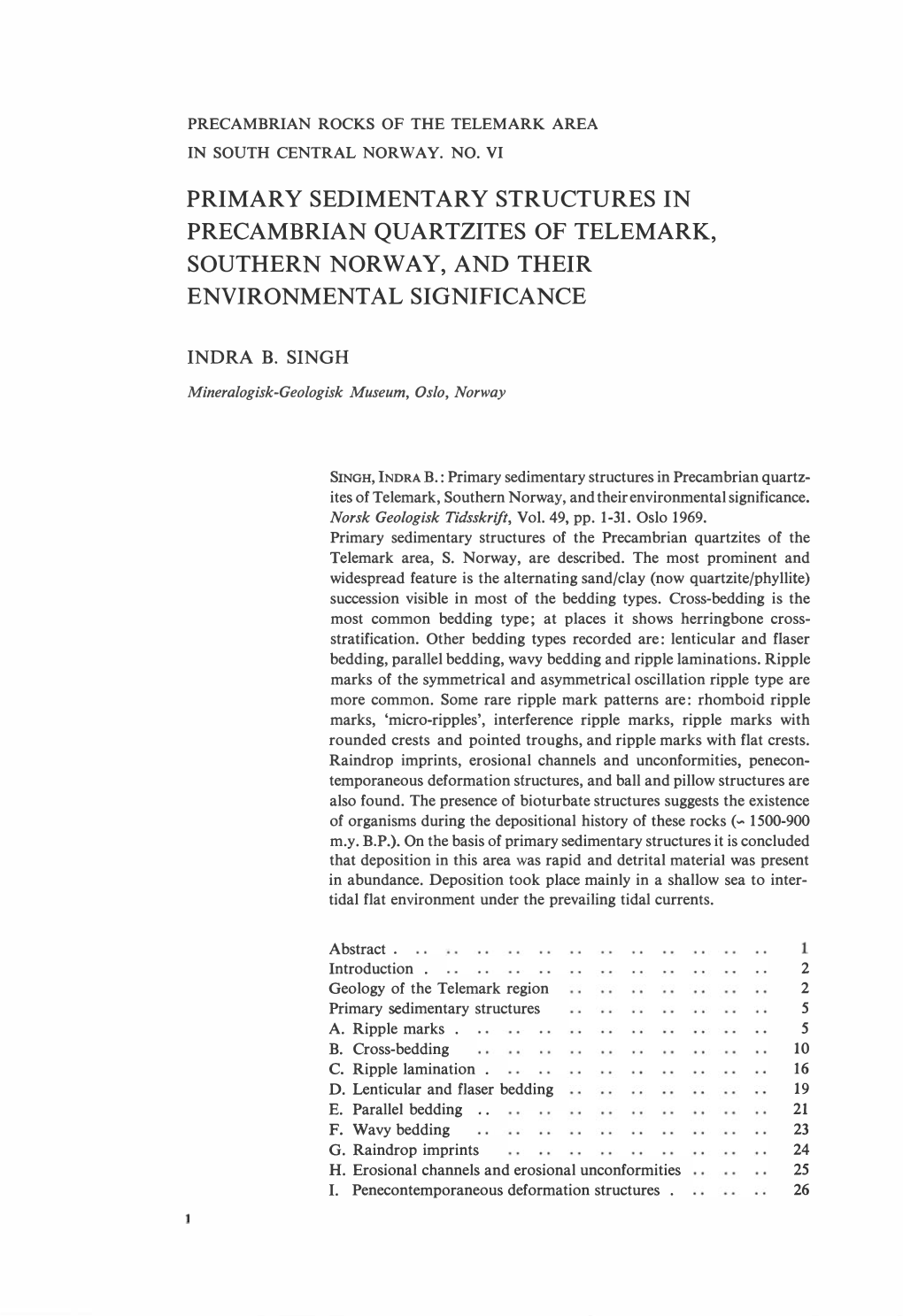 Primary Sedimentary Structures in Precambrian Quartzites of Telemark, Southern Norway, and Their Environmental Significance Indr