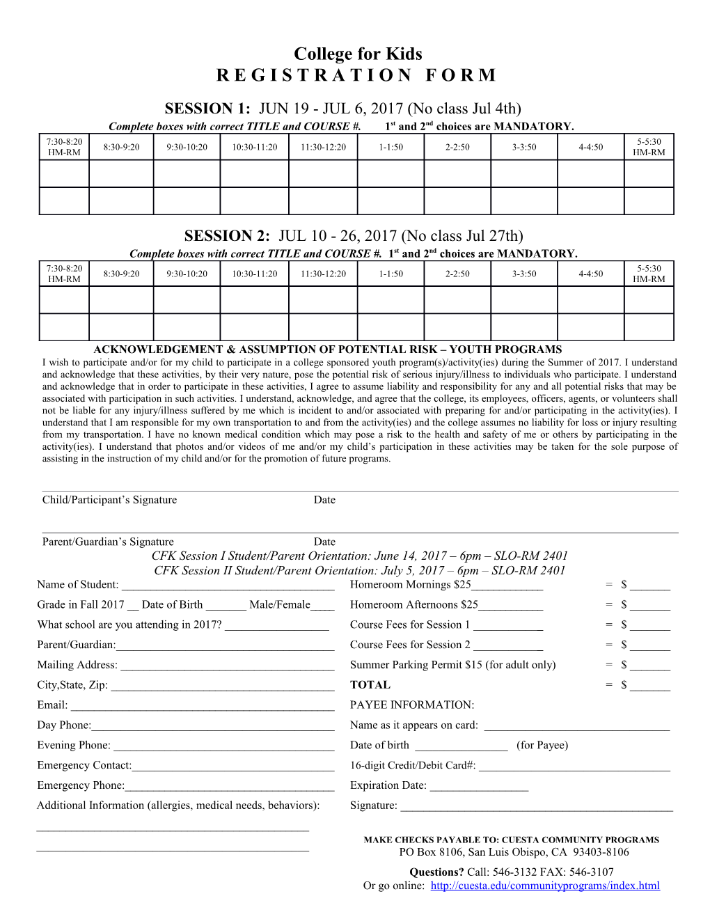 College for Kids- Registration Form