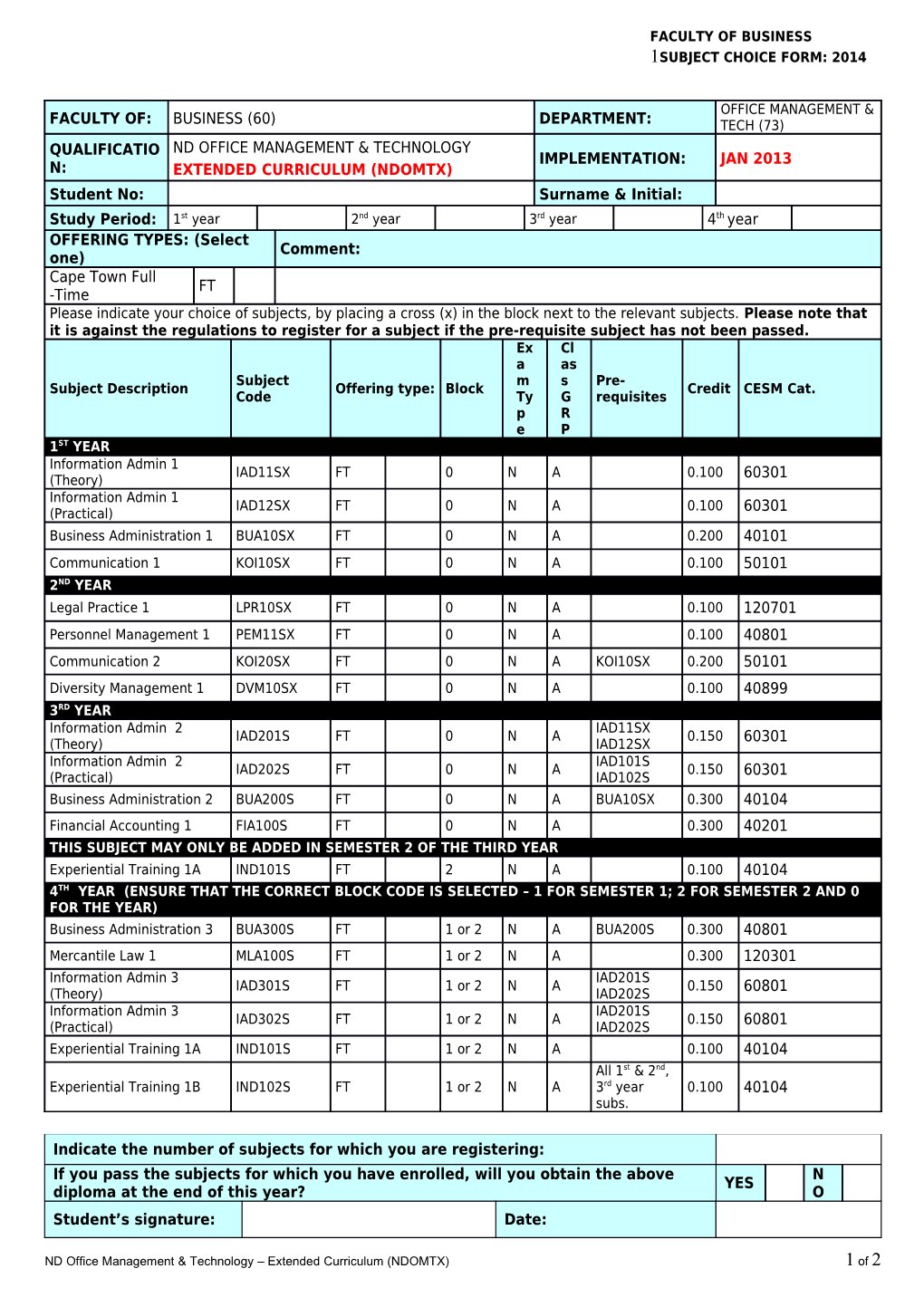 Subject Choice Form s1