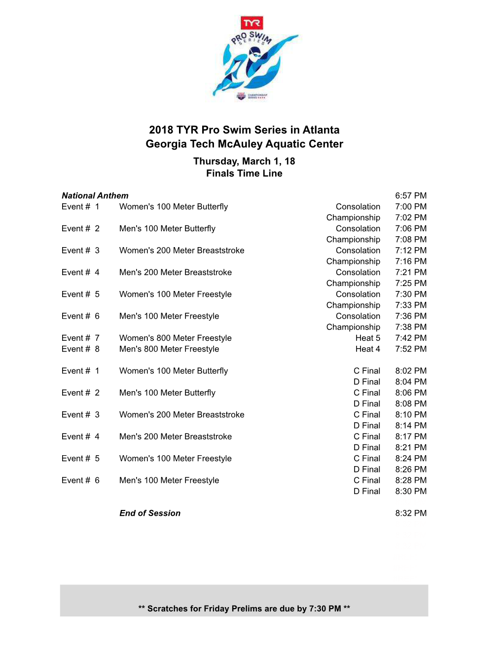 2018 TYR Pro Swim Series in Atlanta Georgia Tech Mcauley Aquatic Center Thursday, March 1, 18 Finals Time Line