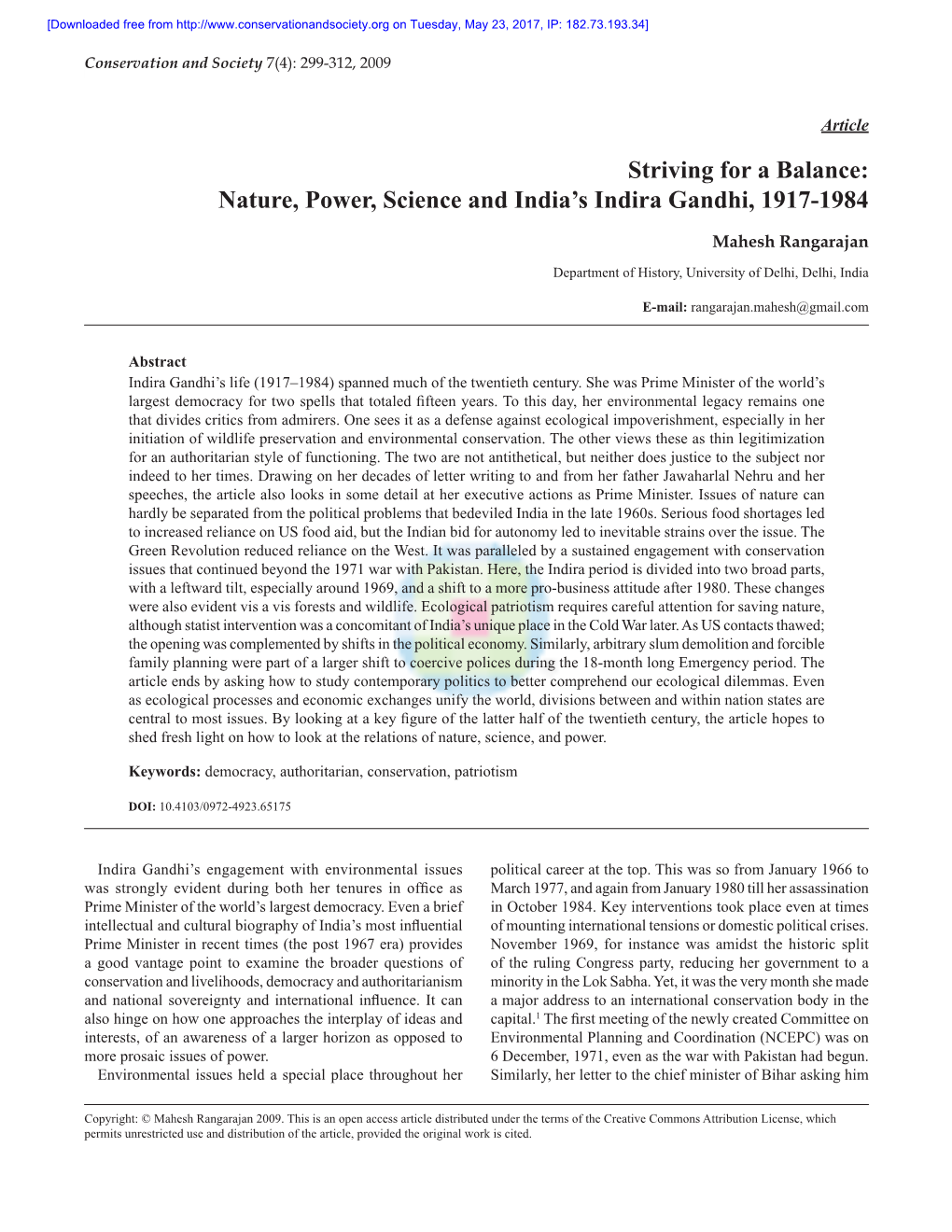 Nature, Power, Science and India's Indira Gandhi, 1917-1984