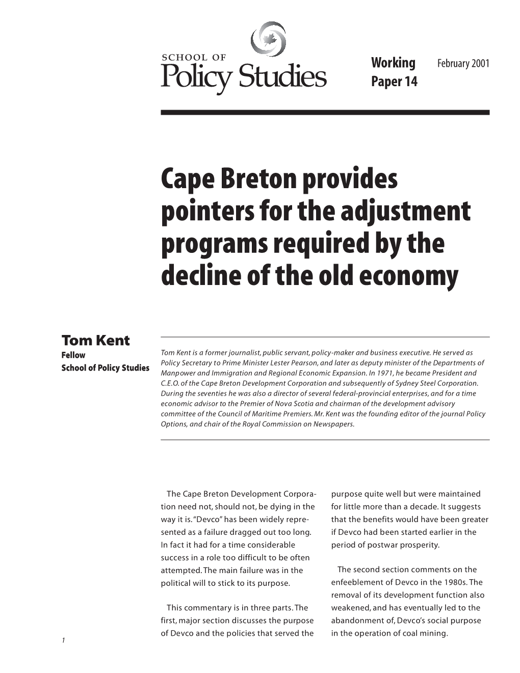 Cape Breton Provides Pointers for the Adjustment Programs Required by the Decline of the Old Economy