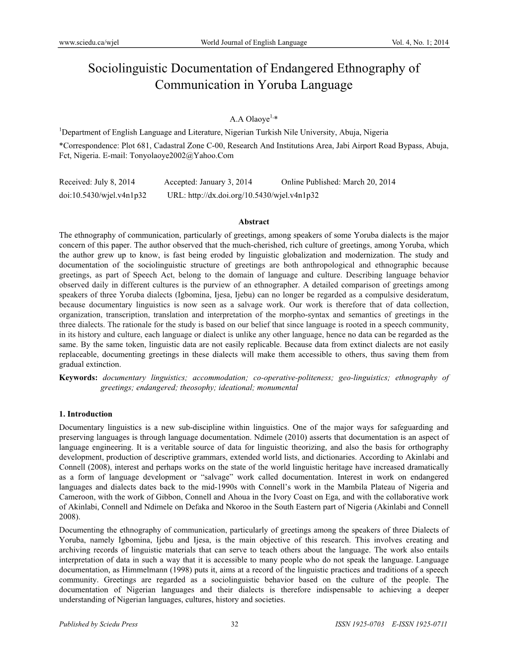 Sociolinguistic Documentation of Endangered Ethnography of Communication in Yoruba Language