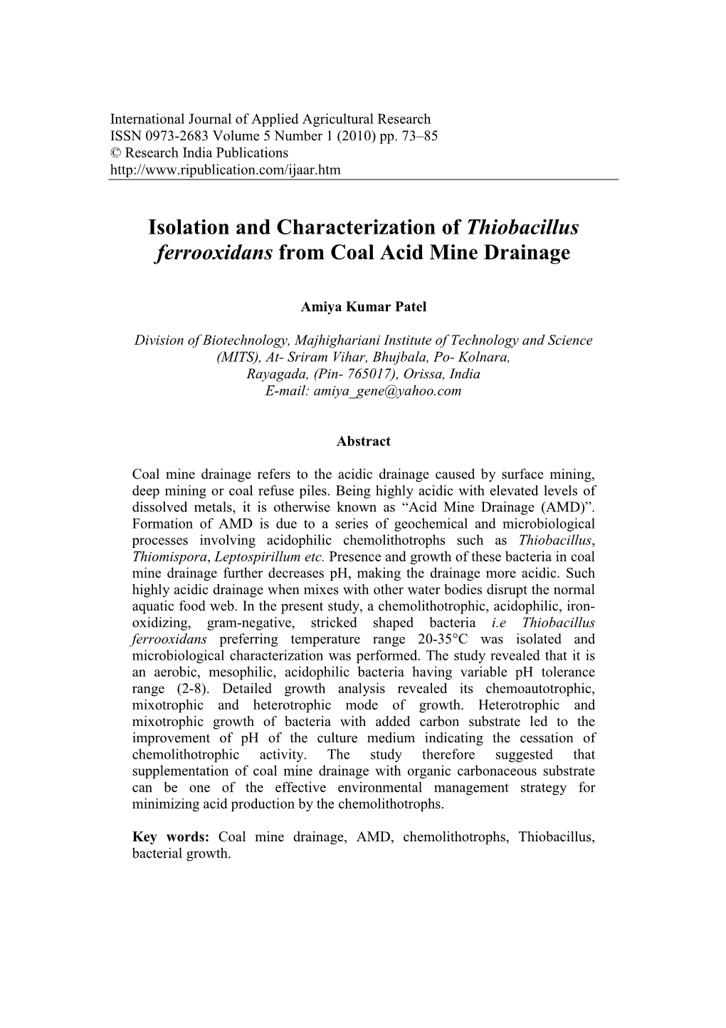 Isolation and Characterization of Thiobacillus Ferrooxidans from Coal Acid Mine Drainage