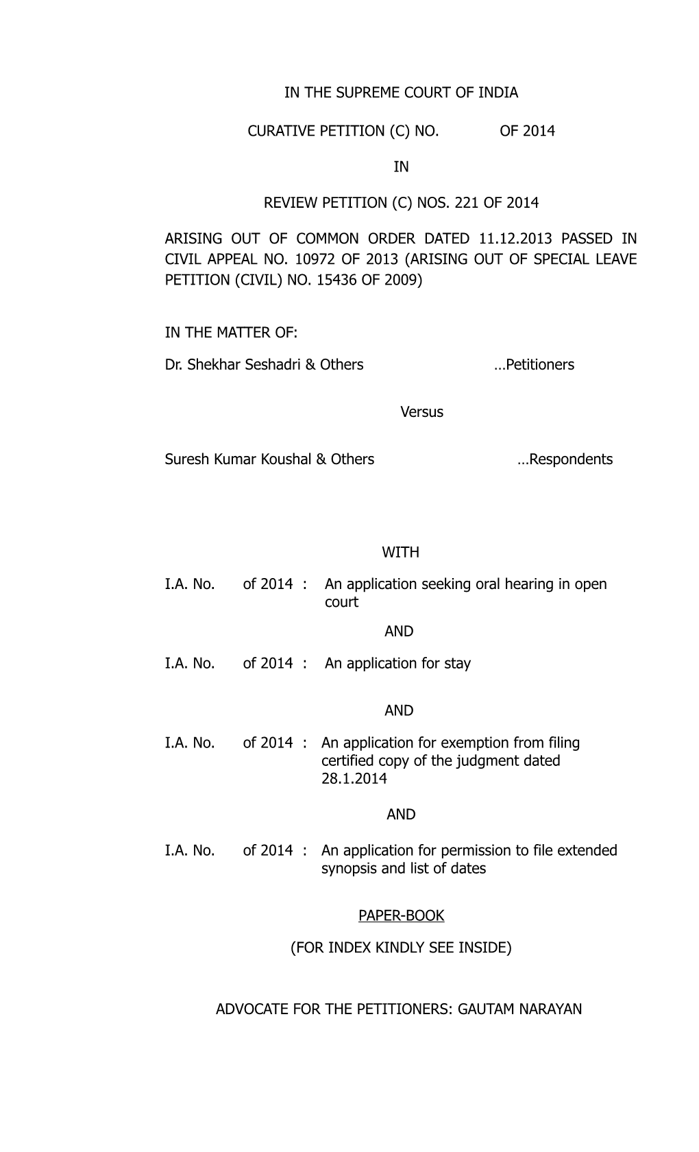 In the Supreme Court of India Curative Petition