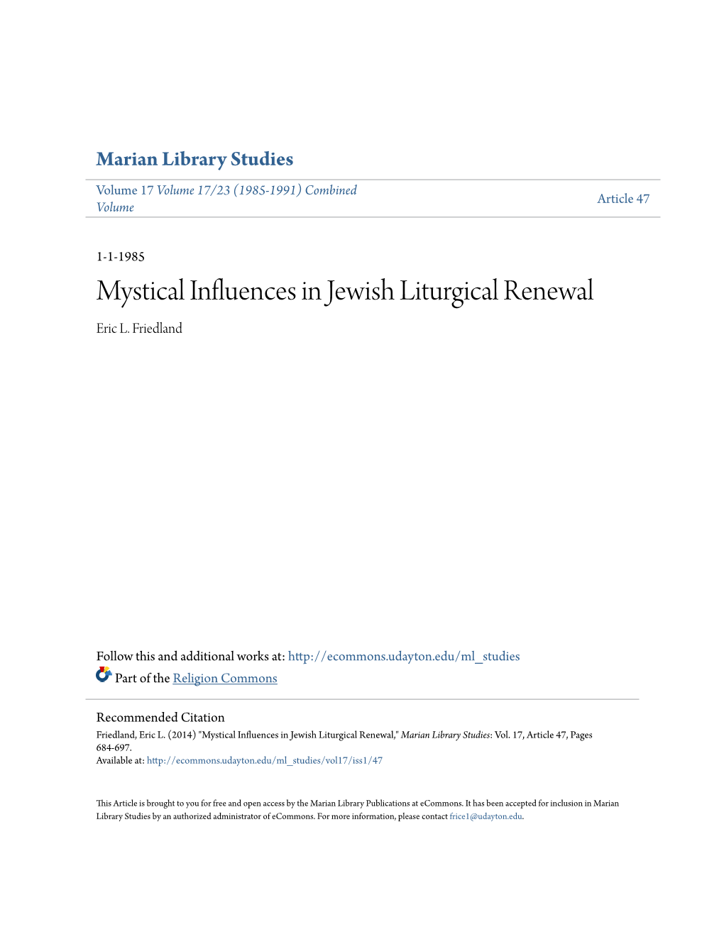 Mystical Influences in Jewish Liturgical Renewal Eric L