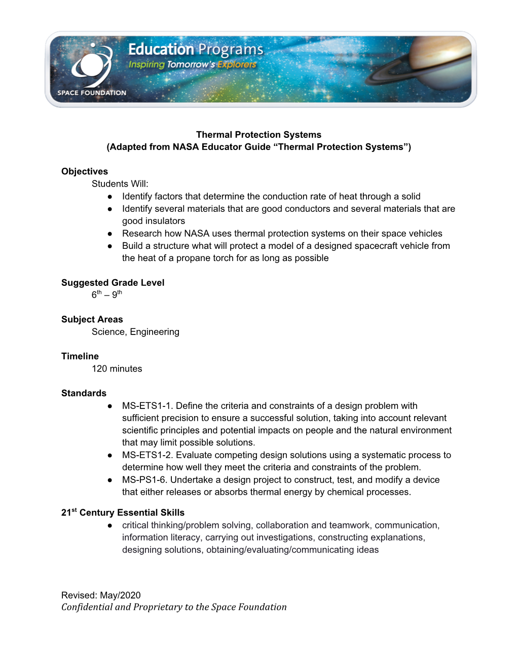 Thermal Protection Systems (Adapted from NASA Educator Guide “Thermal Protection Systems”)