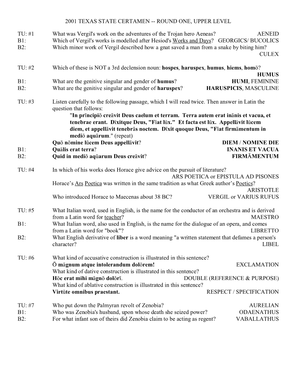 2001 Texas State Certamen -- Round One, Upper Level