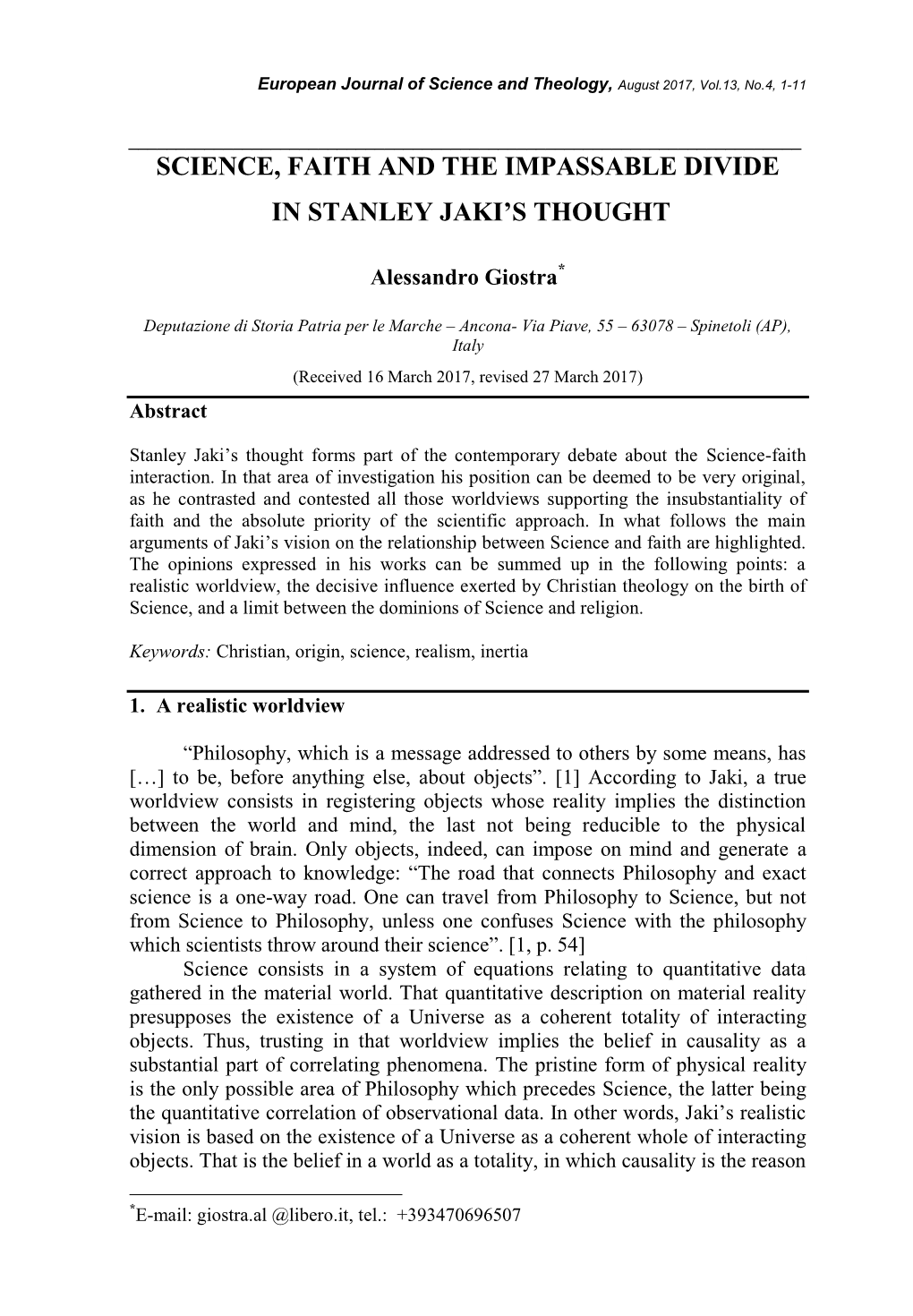 Science, Faith and the Impassable Divide in Stanley Jaki's Thought