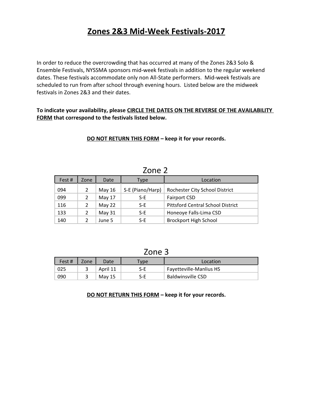 Zones 2&3 Mid-Week Festivals-2017