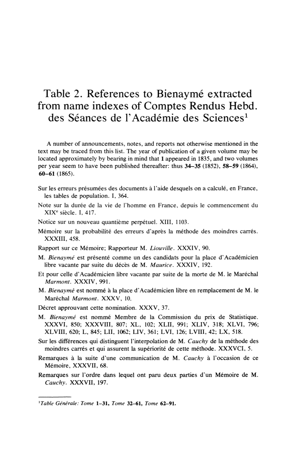 Table 2. References to Bienayme Extracted from Name Indexes of Comptes Rendus Hebd