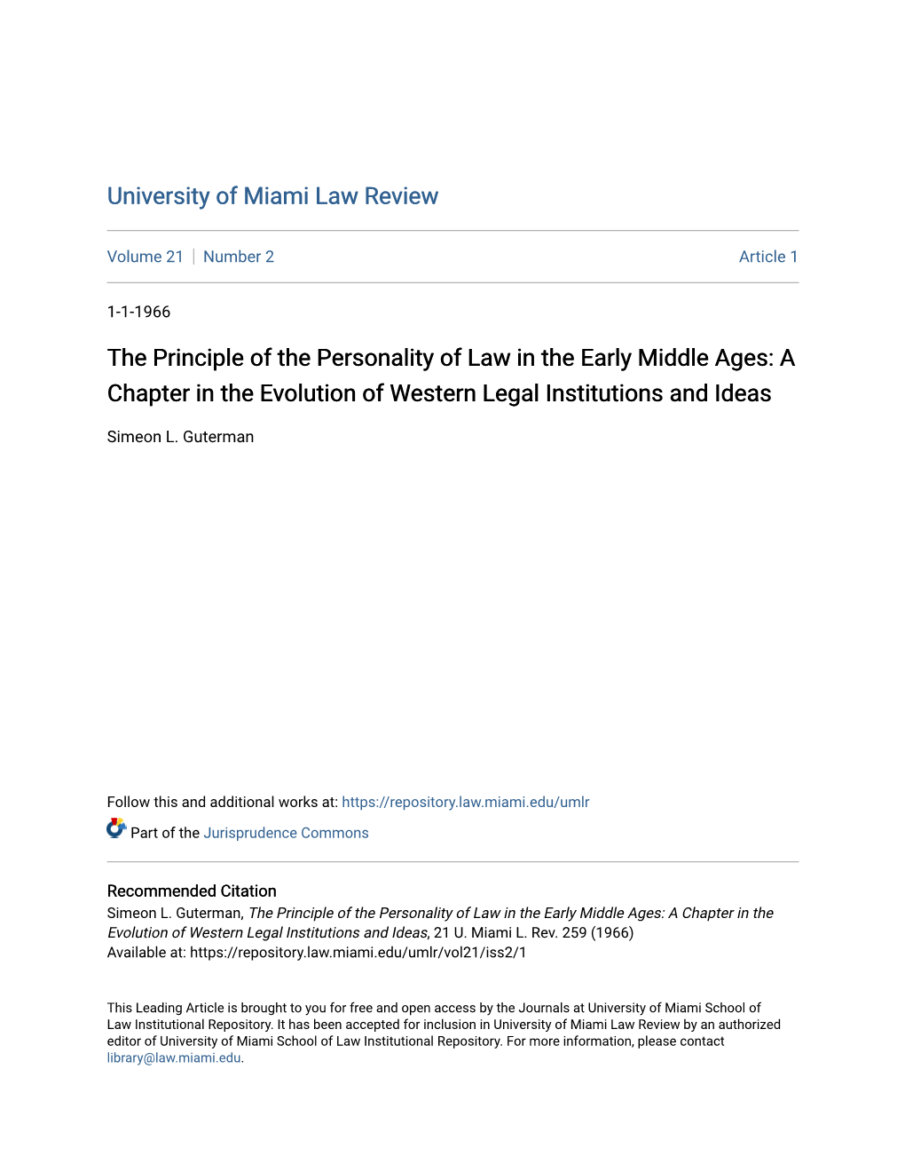 The Principle of the Personality of Law in the Early Middle Ages: a Chapter in the Evolution of Western Legal Institutions and Ideas