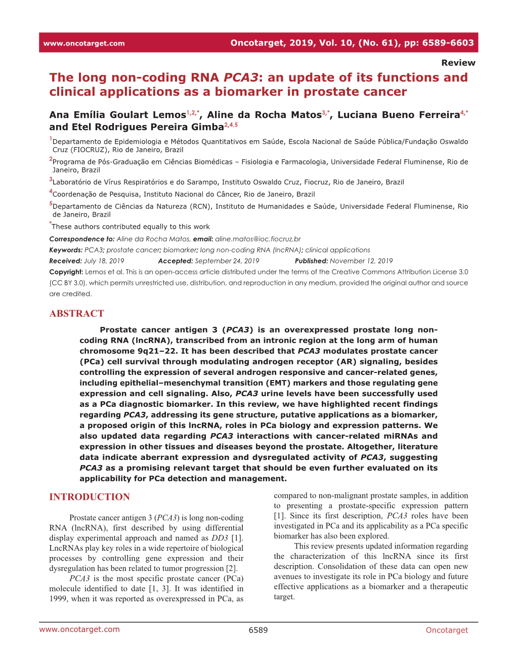 The Long Non-Coding RNA PCA3: an Update of Its Functions and Clinical Applications As a Biomarker in Prostate Cancer