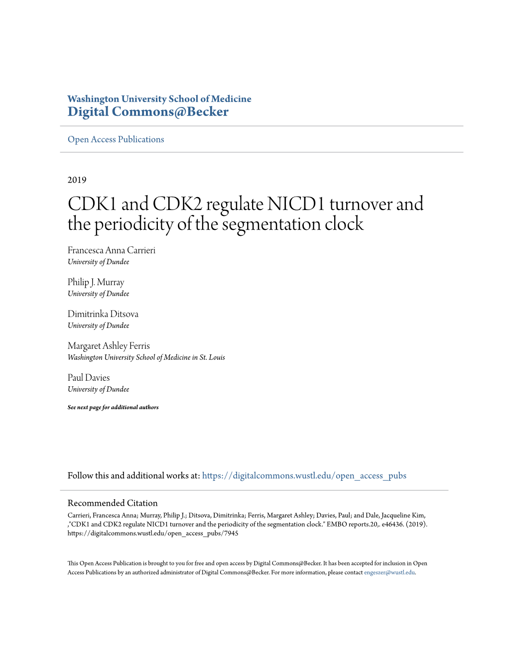 CDK1 and CDK2 Regulate NICD1 Turnover and the Periodicity of the Segmentation Clock Francesca Anna Carrieri University of Dundee