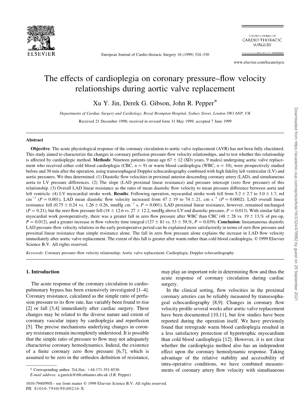 The Effects of Cardioplegia on Coronary Pressure–Flow Velocity