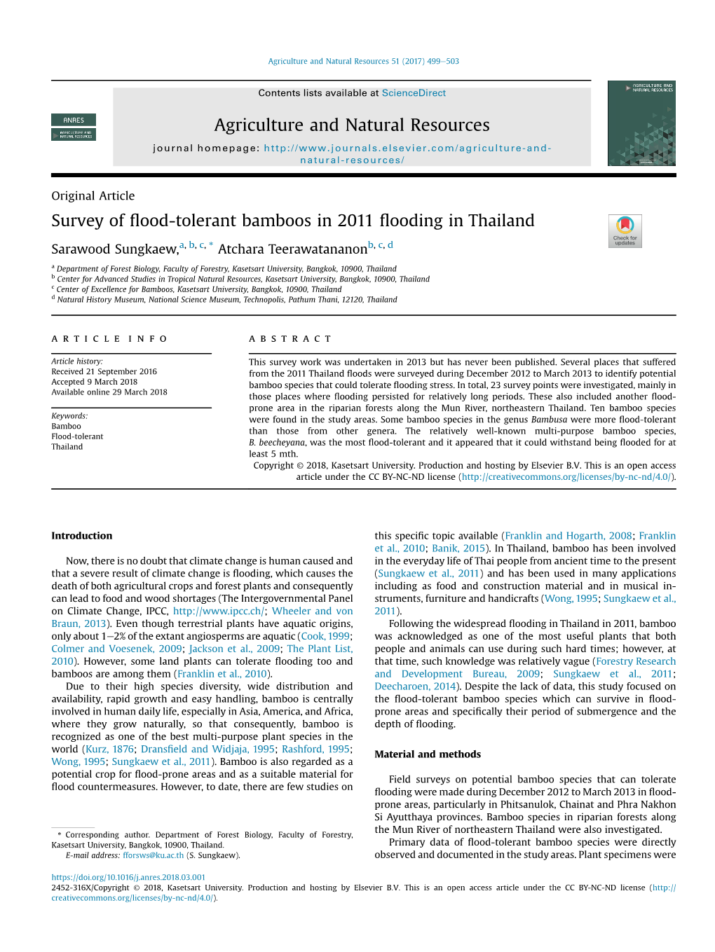 Survey of Flood-Tolerant Bamboos in 2011 Flooding in Thailand