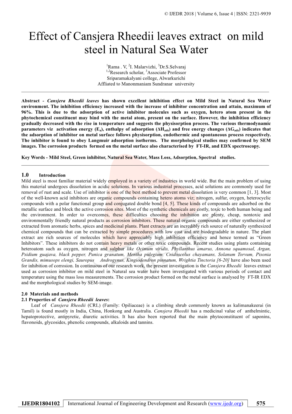 Effect of Cansjera Rheedii Leaves Extract on Mild Steel in Natural Sea Water