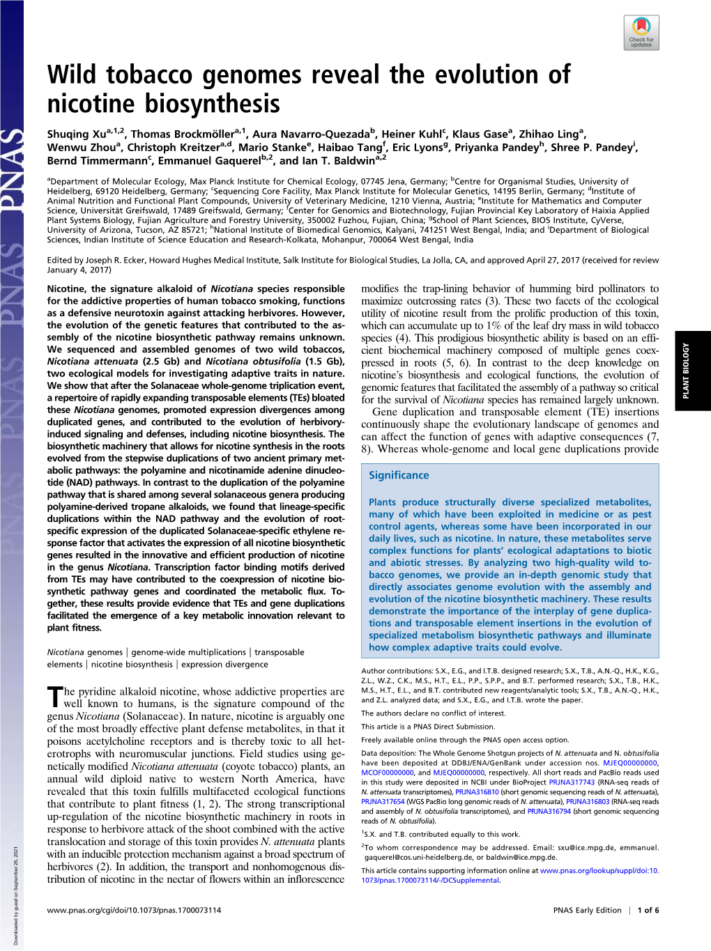 Wild Tobacco Genomes Reveal the Evolution of Nicotine Biosynthesis