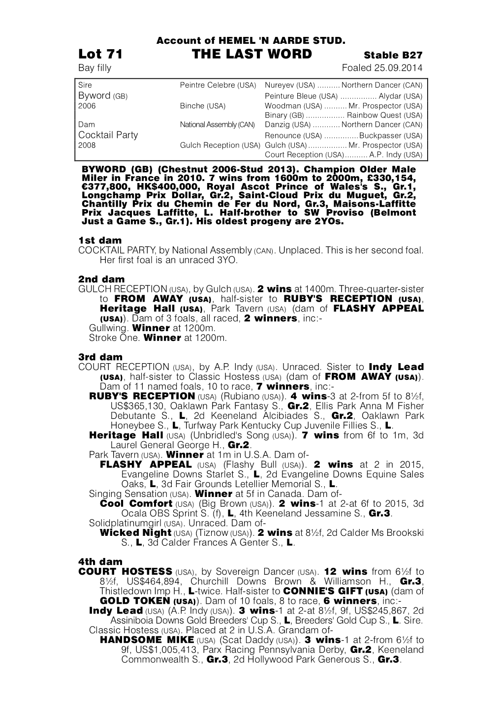 Lot 71 the LAST WORD Stable B27 Bay Filly Foaled 25.09.2014