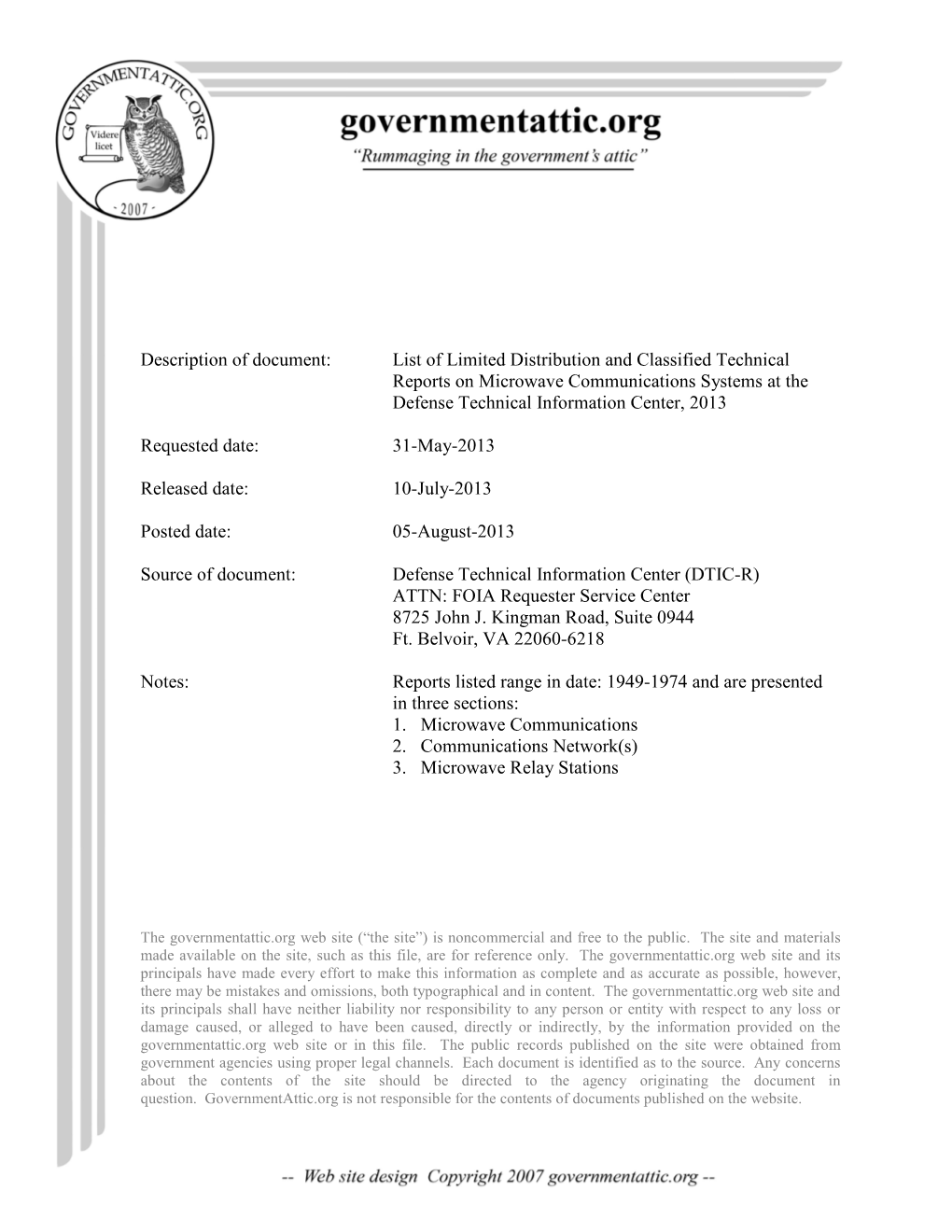 List of Limited Distribution and Classified Technical Reports on Microwave Communications Systems at the Defense Technical Information Center, 2013