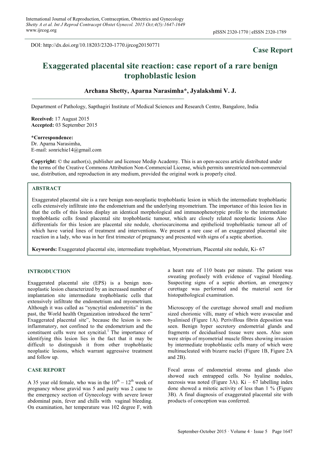 Exaggerated Placental Site Reaction: Case Report of a Rare Benign Trophoblastic Lesion