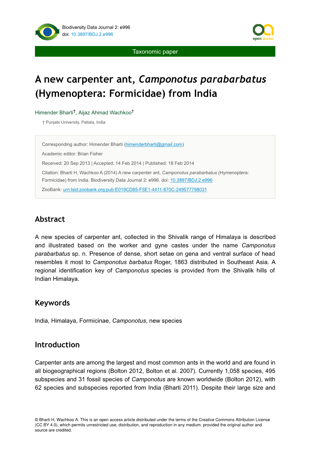 A New Carpenter Ant, Camponotus Parabarbatus (Hymenoptera: Formicidae) from India