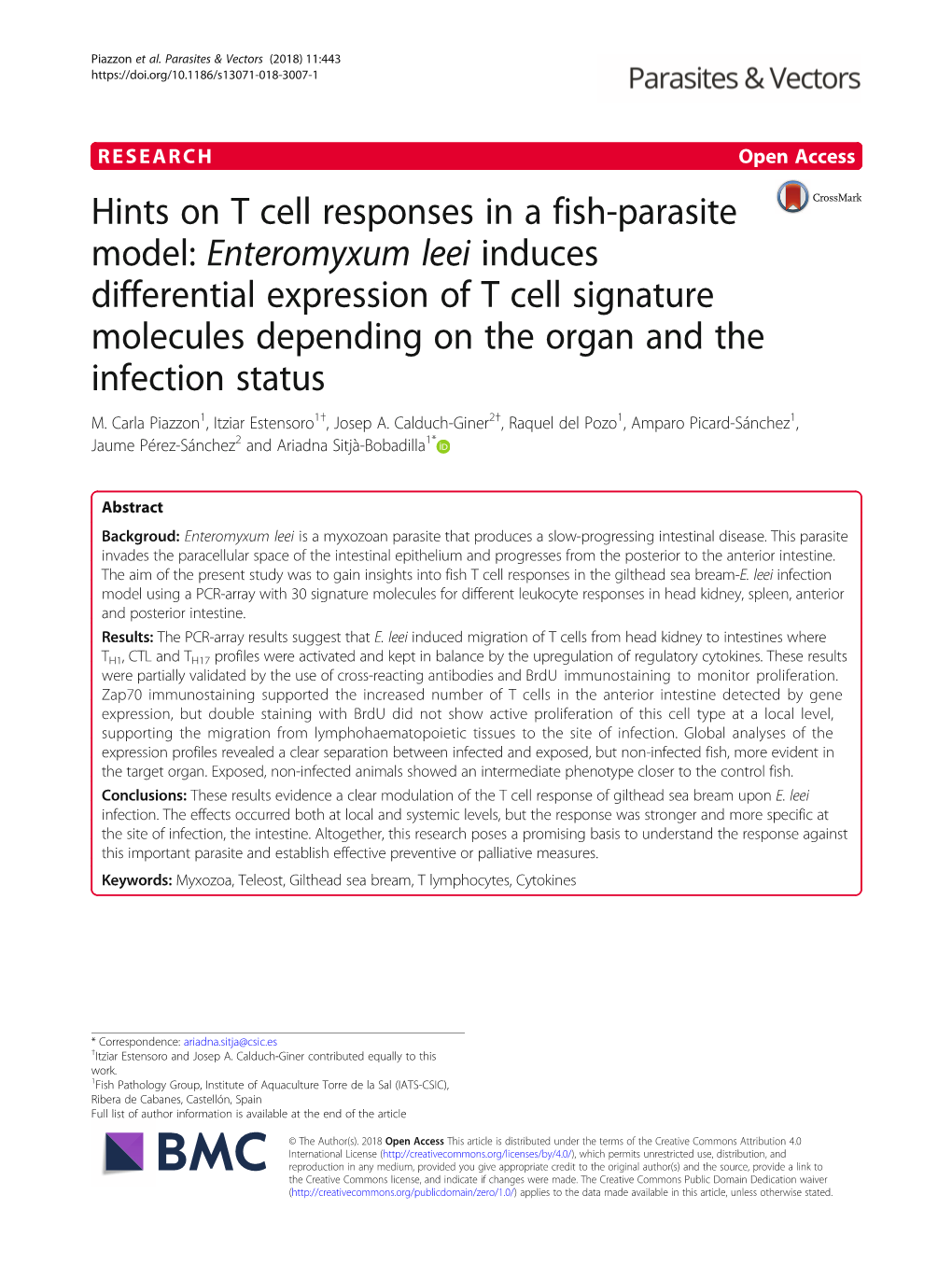 Enteromyxum Leei Induces Differential Expression of T Cell Signature Molecules Depending on the Organ and the Infection Status M