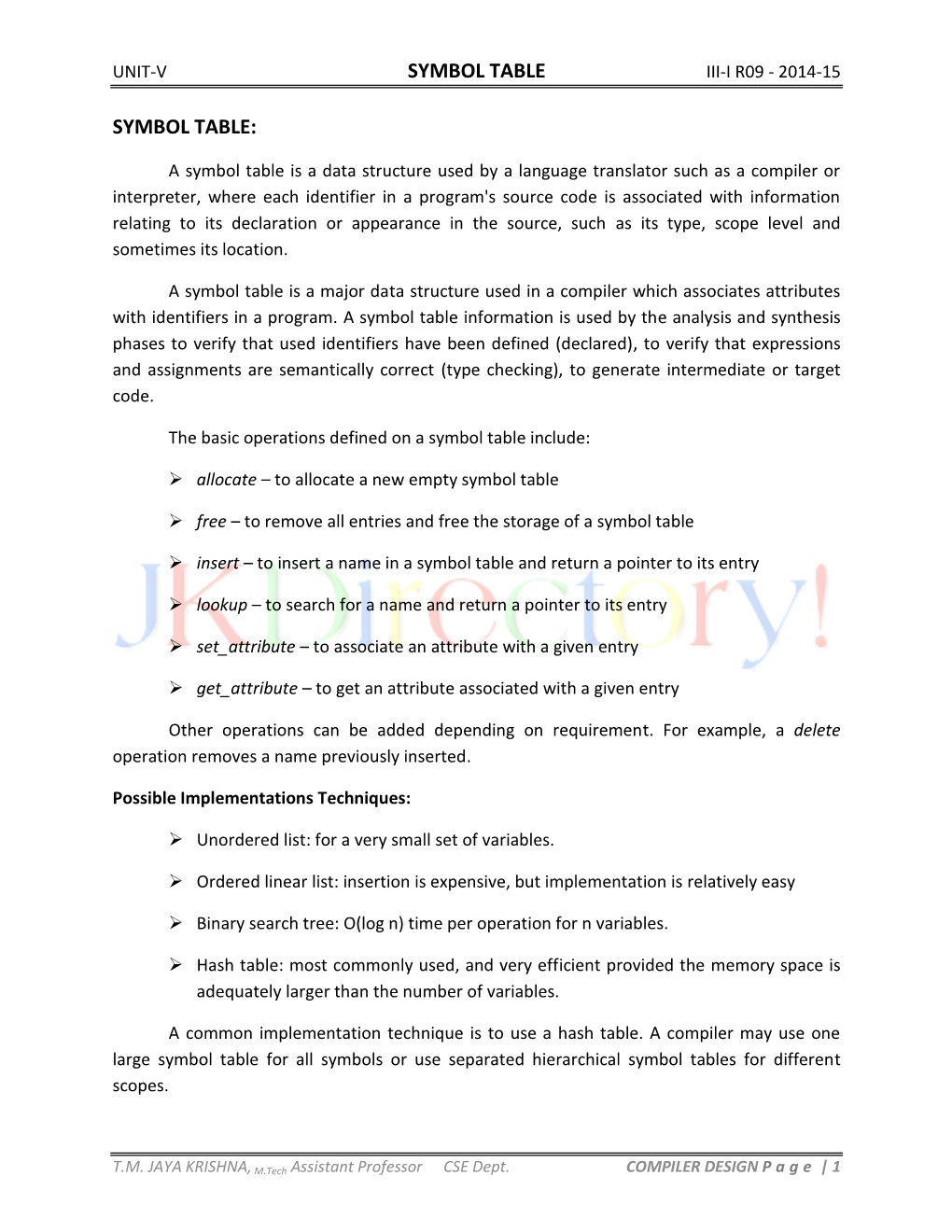 Unit-V Symbol Table Iii-I R09 - 2014-15