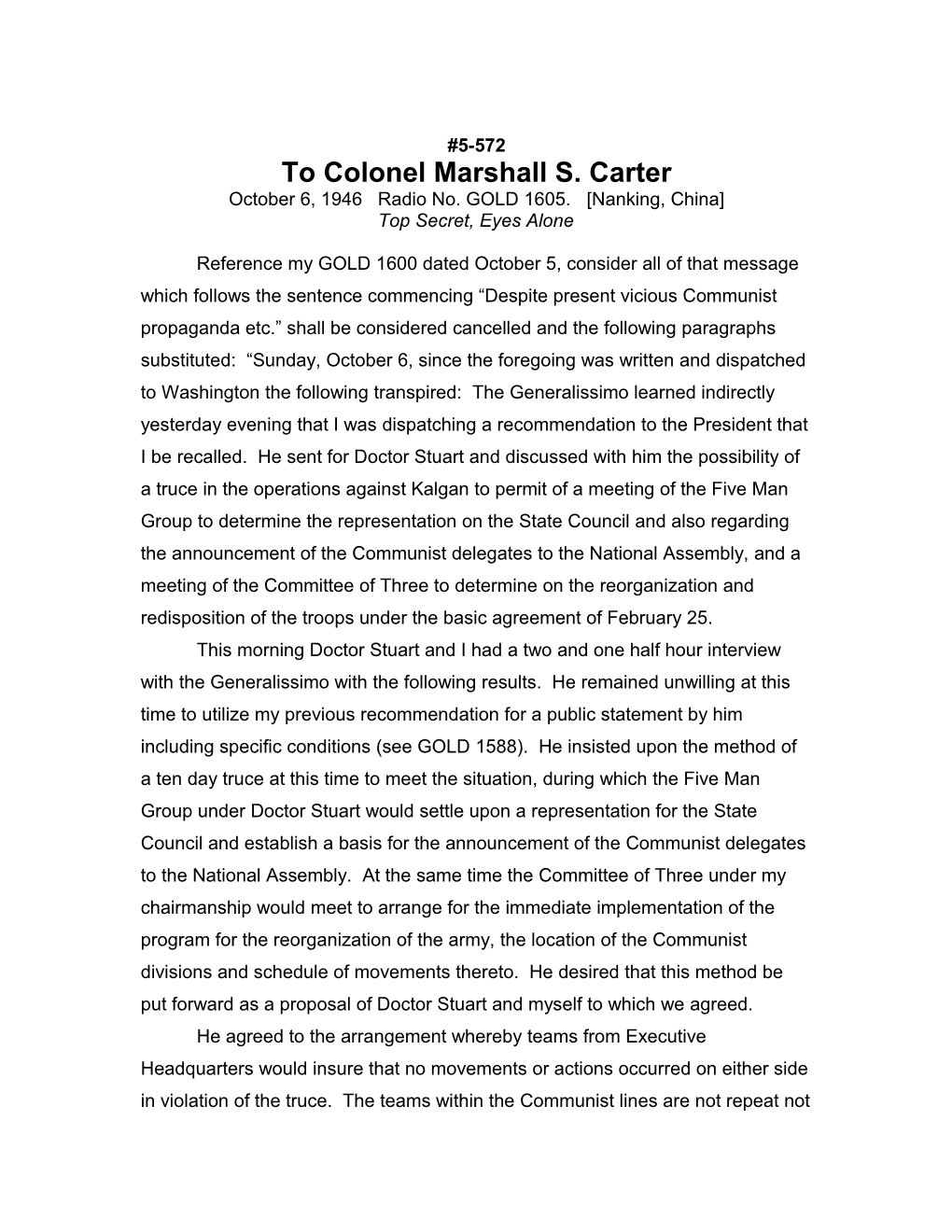 To Colonel Marshall S. Carter