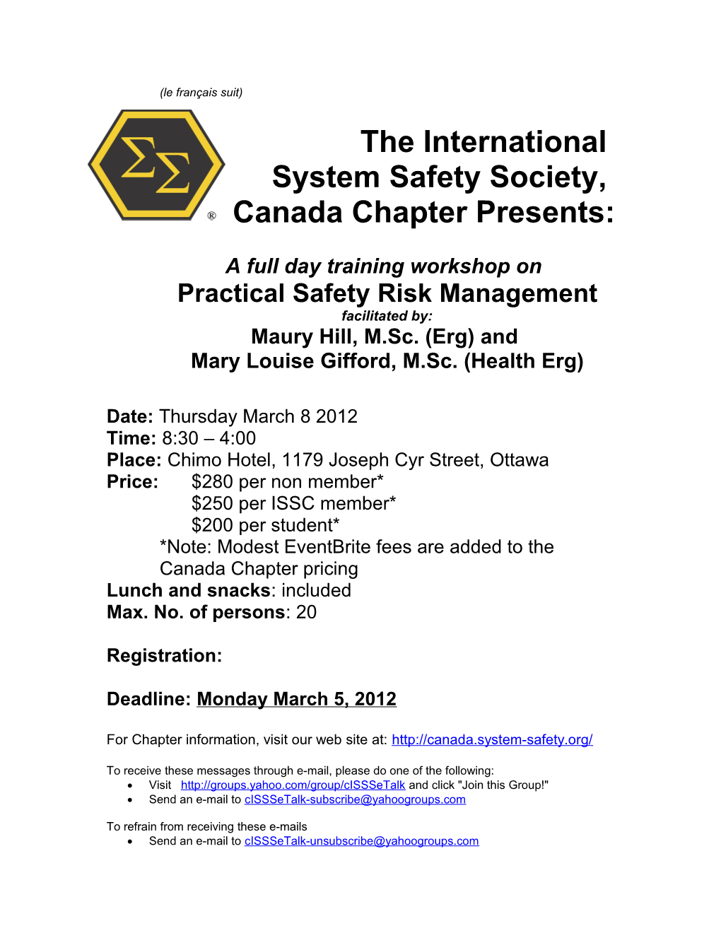 The International System Safety Society, Canada Chapter Presents